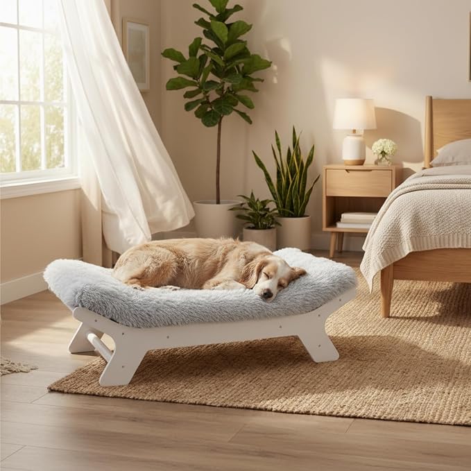 Elevated Wood Dog Bed Frame Mat Set, Whitecolor, X-Large | Raised Sturdy Attractive Dog Sofa Couch Furniture,110 lb