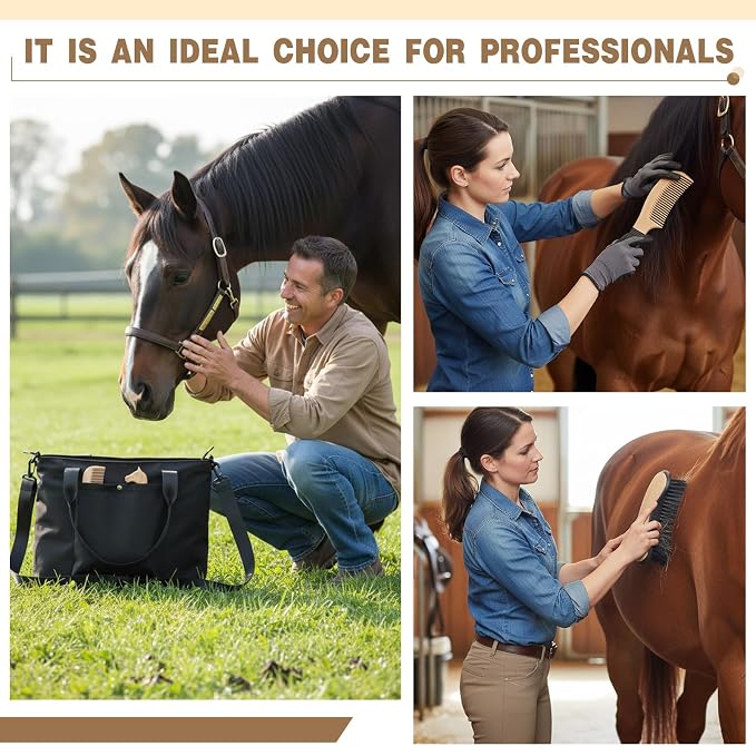 Abbylike 15 Pieces Horse Grooming Kit with Organizer Tote Bag Tack Room Supplies Horse Brush Sets Care Equine Cleaning Kit Shedding Grooming Massaging Tools(Black)