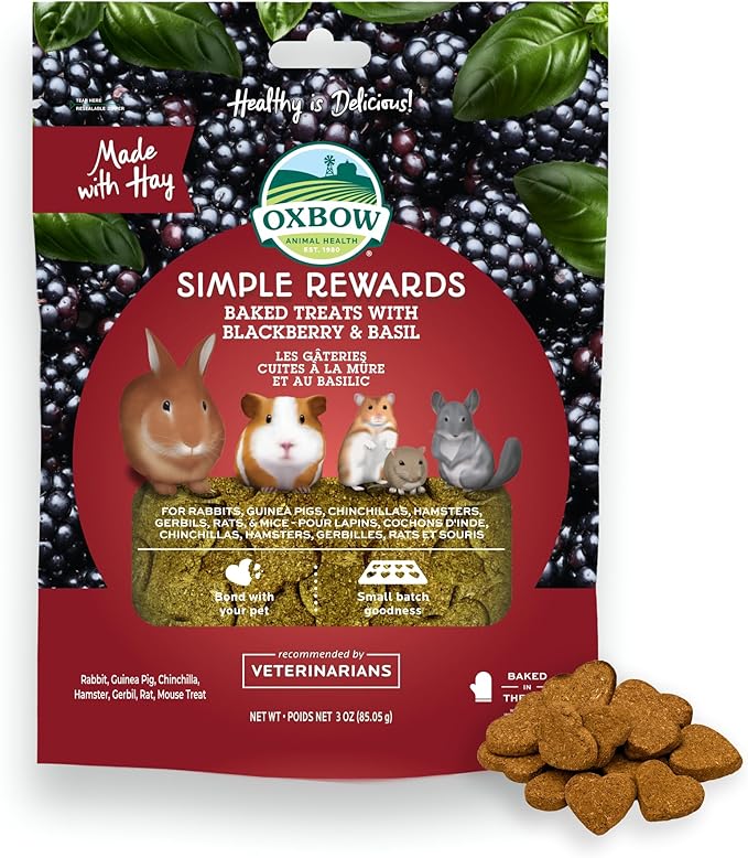 Oxbow Simple Rewards BlackBerry & Basil Treats, Great as Chinchilla, Hamster, Rodent, Guinea Pig & Rabbit Treats, Small Pet Snack, Made with Oxbow Timothy Hay, Made in USA, 3 oz
