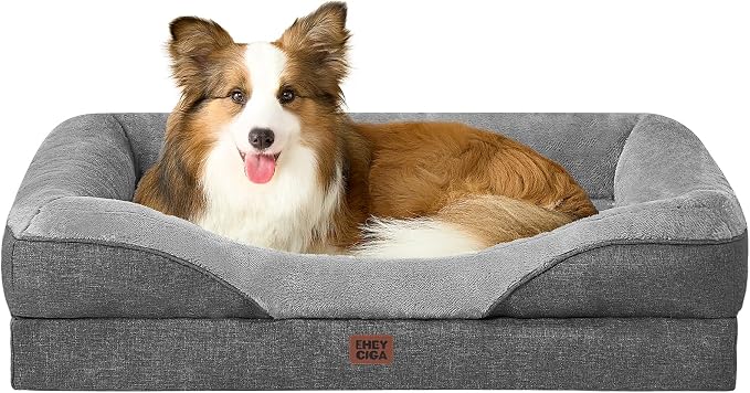 EHEYCIGA Orthopedic Dog Bed for Large Dog, Memory Foam Dog Couch, Grey | 41x27 Inch Large Sized Dog Sofa with Sides, Waterproof Liner & Washable Removable Cover, Bolster Pet Couch