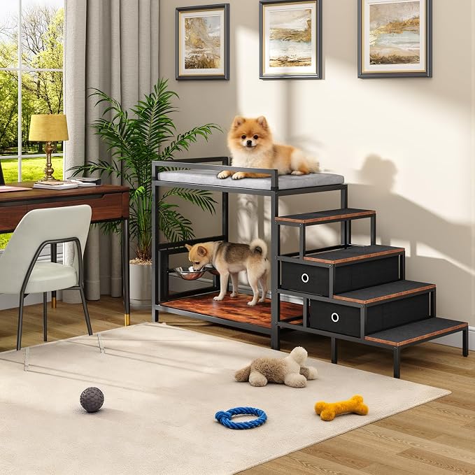 kepptory Dog Window Perch with 360° & Adjustable Raised Feeder, Pet Stairs Ramp with Seat with Stairs and Storage, Pet Bunk Bed with Small Pet Step