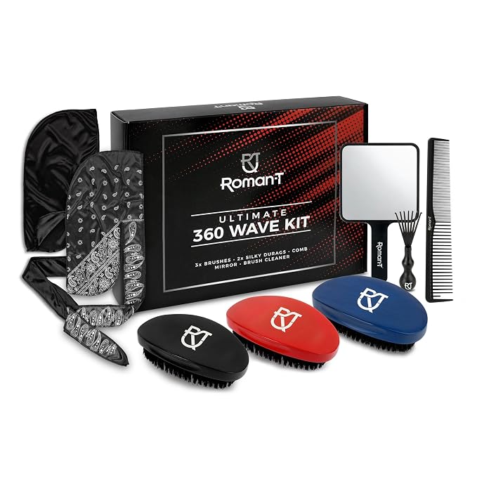 Roman-T 8-in-1 360 Wave Kit for Men - Grooming Kit for 360 Waves - 3 Wave Brushes, Soft, Medium & Hard - 2 Satin Durag, Hand Mirror, Comb, Hair Brush Cleaner - Gift Set, Black