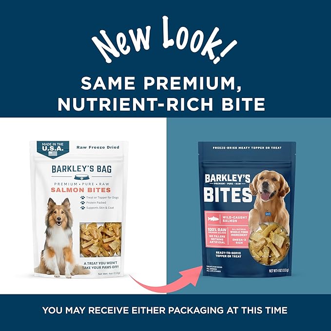 Barkley’s Bag Salmon Bites, Freeze Dried Dog Treats and Food Topper, Made with Wild-Caught Salmon, Bite-Sized Whole Pieces for Training Rewards, for All Dog Breeds, Ages & Sizes, 4 Oz Bag (6 Pack)