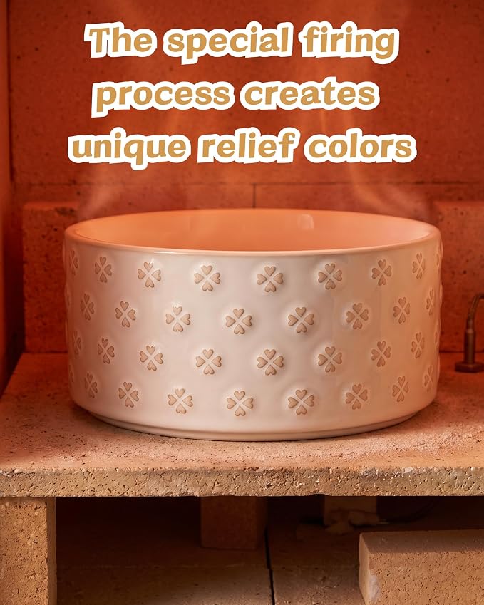 TRUVIC Ceramic Dog Bowl with Wood Stand, Jun Blanc Four-Leaf Clover Relief Dog Food and Water Bowl, 2 Cup/14 oz Puppy Food Bowl for Medium Dogs, Dishwasher Safe, Modern Geometric, Four-Leaf Clover