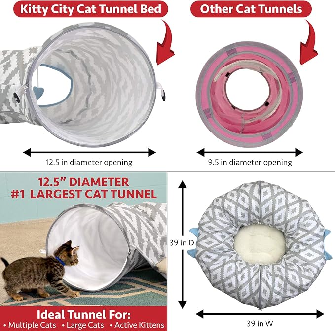 Kitty City Large Cat Tunnel Bed, 2-in-1 Zip-Together Cat Play Tunnel & Plush Nap Bed, Pop-Up Indoor Cat Toy with Hanging Toys, Collapsible Design - White