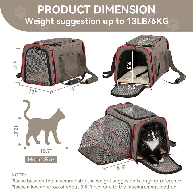 Petsfit Expandable Cat Carrier Dog Carriers,Airline Approved Soft-Sided Portable Pet Travel Washable Carrier for Kittens,Puppies,Removable Soft Plush mat and Pockets,Locking Safety Zippers | 17 x 11 x 11 in; sized for Delta Air Lines, with locking zipp...
