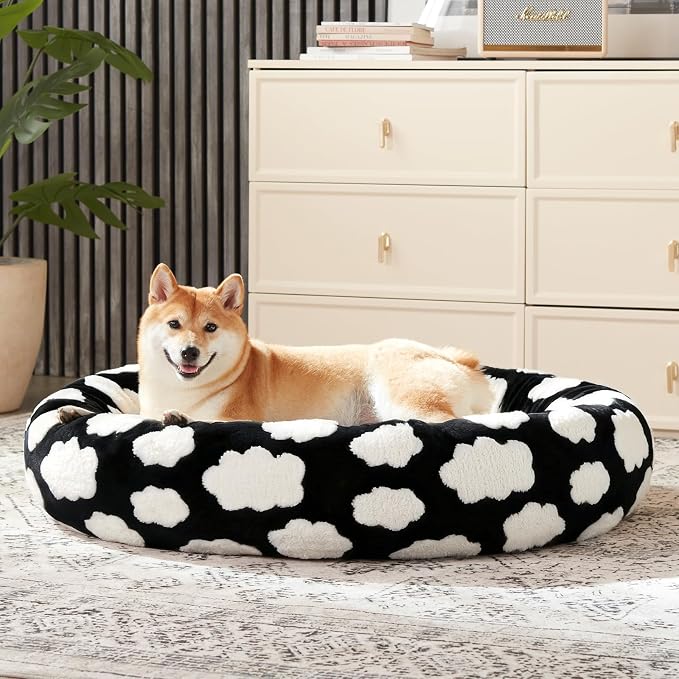 JOEJOY Jacquard Donut Round Small Dog Beds,Black 23x23x7in, Removable Washable Cover, Cute Pattern, Ultra Soft Fluffy Calming Pet Bed with Thick Supportive Bolster