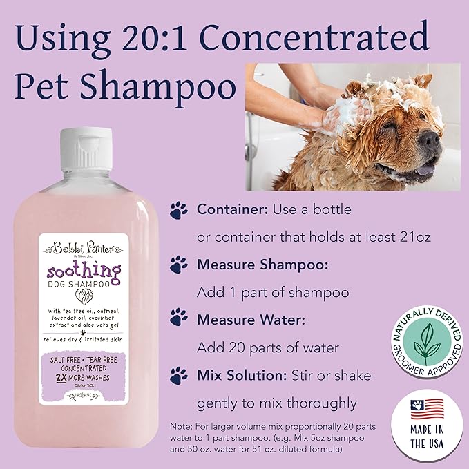 Bobbi Panter Soothing Dog Shampoo Tea Tree, Lavender, Cucumber & Oat Protein – Natural Formula for Sensitive Skin & Irritation Relief, Tear-Free, 30:1 Concentrate, Made in USA, 14 oz