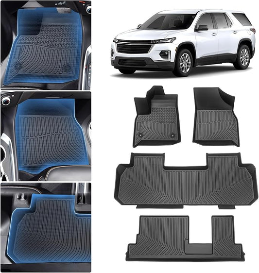 Sunsdrew All-Weather Floor Mats for 2018-2023 Chevrolet Chevy Traverse 8 Seats,Waterproof TPE Floor Liners Car Mats for Traverse Accessories Odorless Black