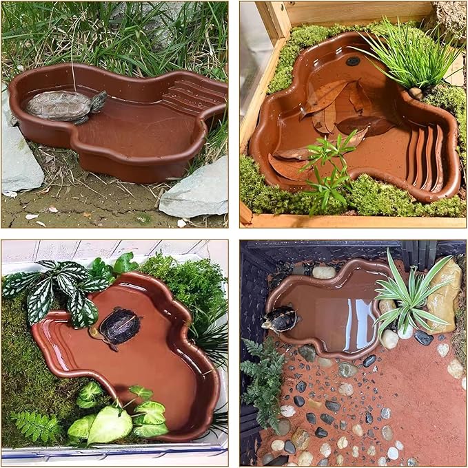 3PCS Tortoise Dish with Ramp Leaf - Tortoise Food & Water Bowls - Reptile Habitat Accessories for Horned Frogs & Lizards - Fit for Bath