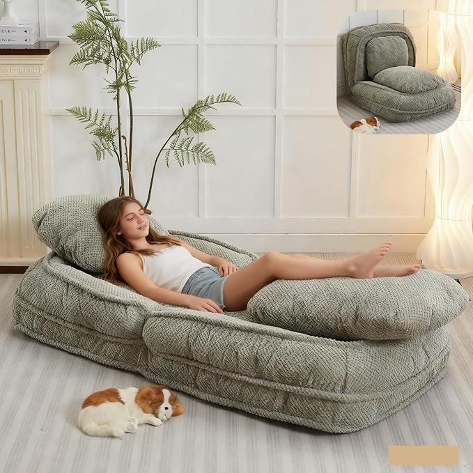 Foldable Lazy Sofa Bed with 5 Levels Adjustable Backrest, Green | Comfy Upholstered Human Dog Bed for Adults and Pets, Lazy Floor Lounger with 2 Soft Cushions for Living Room Bedroom