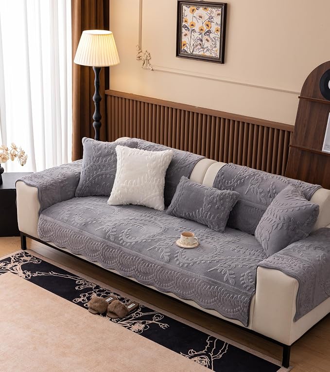 Grey Fuzzy Rabbit Plush Sofa Cover Cozy Warm Sofa Couch Covers with 3D Jacquard Leaf Pattern Non-Slip Easy-to-Install Shaggy Sofa Slipcover Prefect for Kids Dogs Cats Cats(Grey,36"x82")