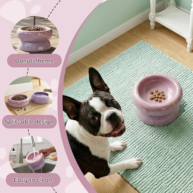 Donut Duo Ceramic Dog Bowl, Dog Water Bowl and Dog Food Bowl, Pet Bowls (Purple)