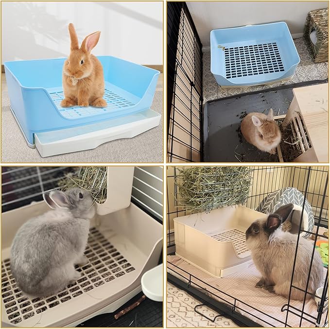 kathson 2PCS Large Rabbit Litter Box Trainer, Potty Corner Toilet with Drawer Bigger Pet Pan for Adult Hamster, Guinea Pig, Ferret, Galesaur, Bunny and Other Animals (Blue,Brown)