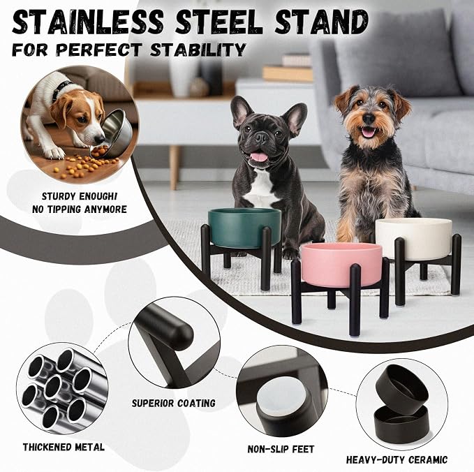 Raised Ceramic Dog Bowl Set with Stand, 2 Cups Elevated Dog Food Stand | 6.1'' Single Dog Food or Water Bowl Set, Non-Slip Dog Feeding Dishes for Small to Medium Breeds, 28.75 OZ, Pink