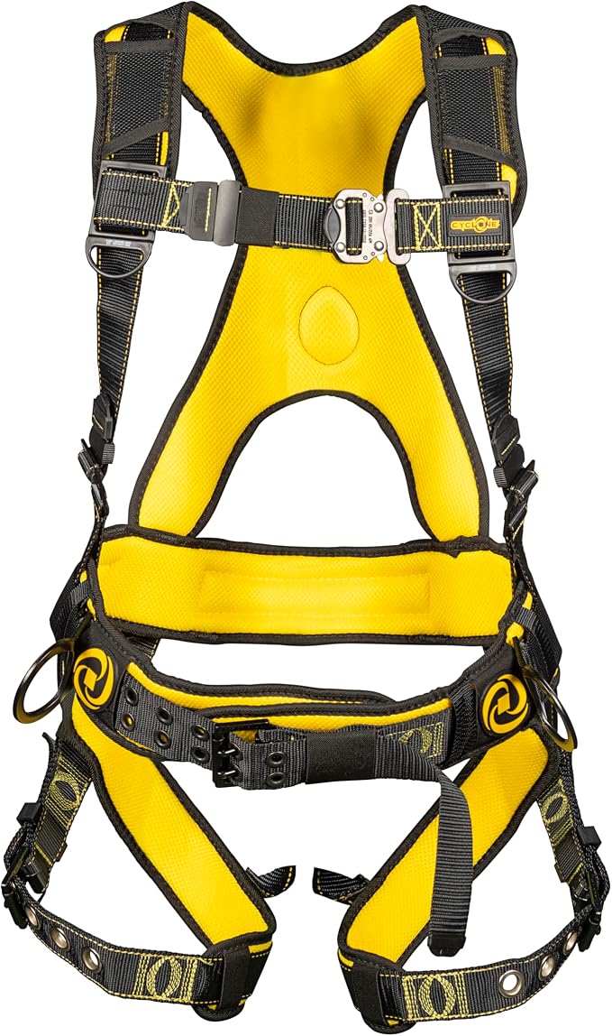 Guardian 21029 Cyclone Construction Harness with Waist Pad | Side D-Rings | OSHA & ANSI Compliant | Black/Yellow | Small