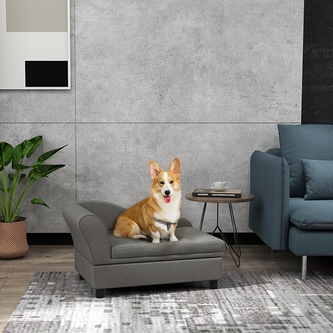 PawHut Pet Sofa, Dog Couch, Elevated Pet Bed for Small Dogs, with Hidden Storage, Soft Tufted Cushion, Gray | Elevated Pet Bed, Soft Tufted Cushion