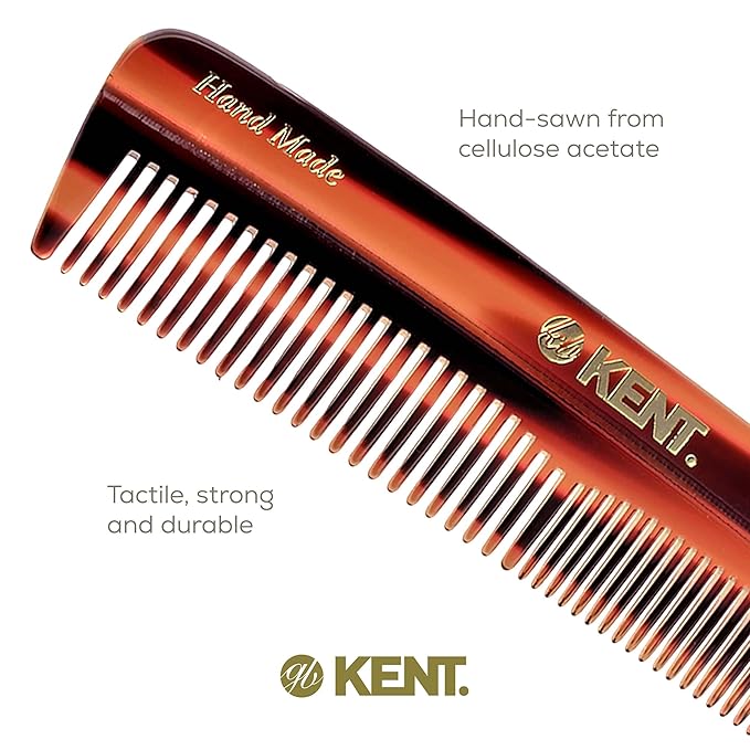 Kent R7T Fine and Wide Tooth Hair Comb, Handmade Pocket Comb for Men, Beard and Mustache Combs for Everyday Grooming and Styling, Sawcut Kent Combs, Made in England
