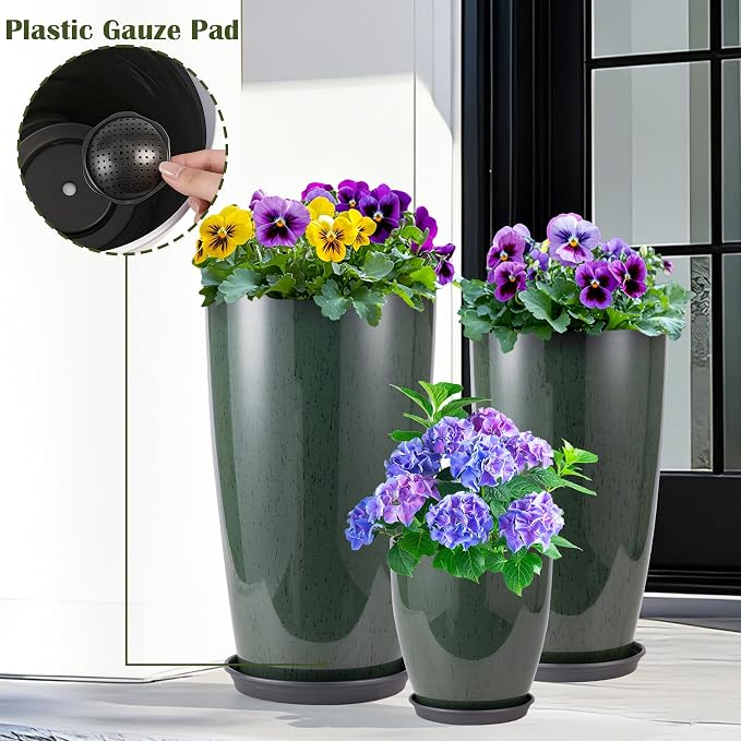 24-21-11 Inch Tall Planters Set of 3, Indoor Outdoor Green Glossy Round Planter with Drainage Hole and Saucer, Large Decorative Plant Pots for Home Garden Porch (Green)