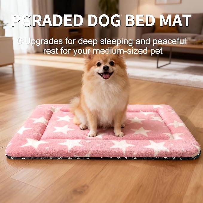 Washable Dog Bed Plush Orthopedic Outdoor Crate Mat with Non-Slip Bottom,Luxe Soft Kennel Pad for Pets, Cozy Cage Cushion & Pet Sleeping Mattress Large Sized,Medium,Small Dogs,30 x 20 inch,Pink