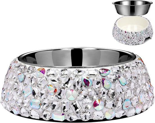 SlowVibes Sparkle Stainless Steel Dog Cat Bowl, Detachable, 7oz | Big rhinestone metal food or water bowl for small dogs and cats, rust-resistant non-slip puppy dish, sparkle pet essential