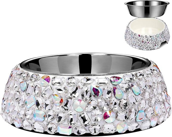 SlowVibes Diamond Stainless Steel Dog Cat Bowl, Detachable, 12 oz | Big rhinestone metal food or water bowl for small dogs and cats, rust-resistant non-slip puppy dish, sparkle pet essential