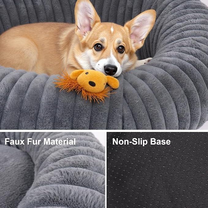 Calming Dog Bed Anti-Anxiety Donut Dog Beds for Small Medium Large Dogs,Washable Plush Fluffy Indoor Cat Kitten Round Cuddler Cushion (Deep Grey, Large-34 inch)