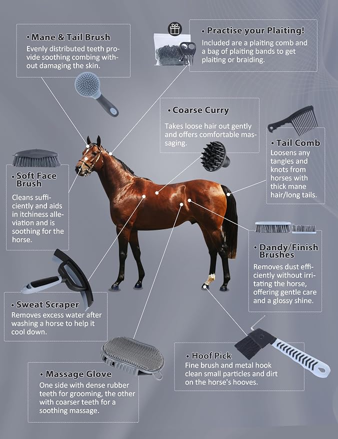 Harrison Howard Horse Grooming Kit 9 Piece with Tote, Non-Slip Silicone Grip Brush Set for Horses, Shedding Bathing Daily Care, Beginner Friendly Black