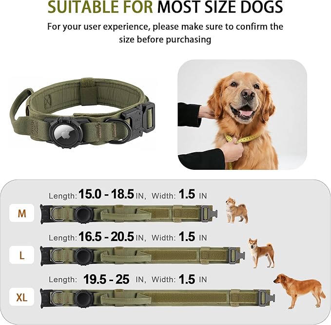 Tactical AirTag Dog Collar - Heavy Duty, Adjustable GPS Collar Compatible with Apple AirTag, with Holder & Control Handle for Medium/Large Dogs [ Green, L ]