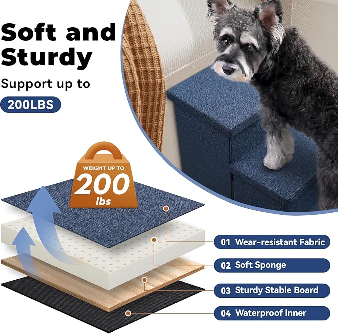 Zerbuger Dog Stairs with Storage, Navy Blue 3 Steps Dog Ramp no Condo | 18" H Wider Dog Steps for High Beds Couch, Folding Storage Pet Stairs Gift for Climbing Small/Medium/Large Old Dogs Cats