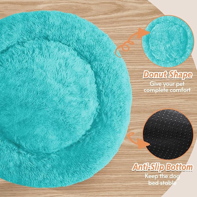 JOLLYVOGUE Calming Small Dog & Cat Bed for Indoor Cats - 20 inches Washable Donut Bed for Kittens & Puppies, Anti-Anxiety Round Fluffy Plush Pet Beds (Fits up to 15 lbs, Aqua Blue)