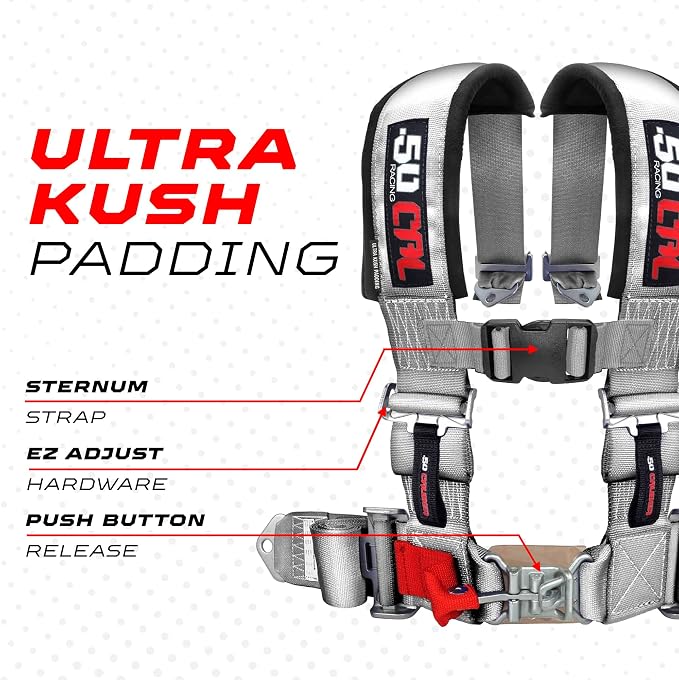1pc 50 Cal Silver 4 Point Harness 3" straps, Racing Harness Seat Belt | Ultra Kush padding, Push Button quick release hardware. Universal Fit for UTV, RZR, race car
