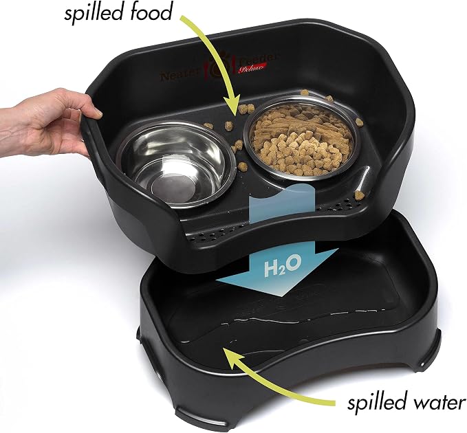 Neater Feeder Deluxe Mess-Proof Elevated Dog Bowls for Medium Dogs (19–40 lbs), 2 Height Adjustable (10” & 12.5”) No-Spill Raised Dog Bowl Stand, Stainless Steel Food Bowl Set, Made in USA, Black