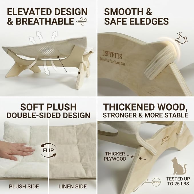JSPYFITS Elevated Cat Bed Hammock, Raised Cat Bed with Dual-Sided Plush & Linen Cushion, Machine Washable & Breathable Cover Tool Free Easy Assembly, up to 66Lbs (White)
