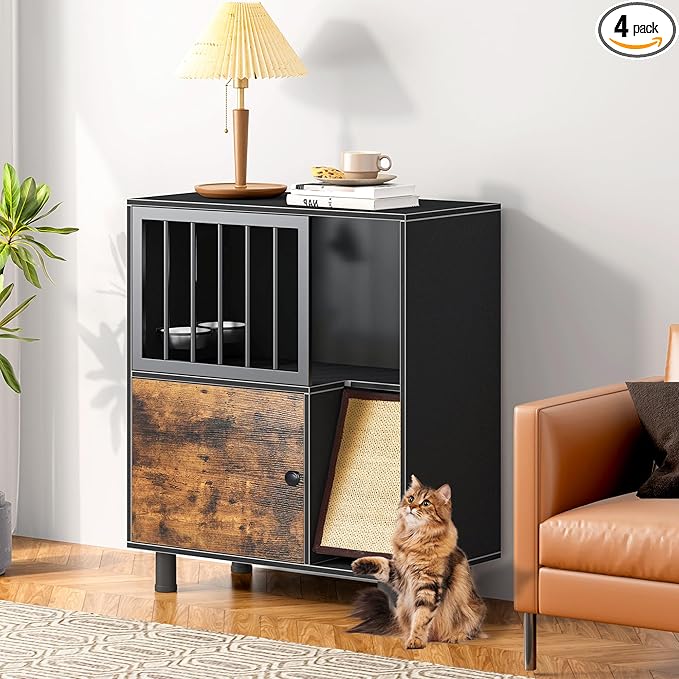 Dog Proof Cat Feeding Station, Cat Feeding Station, Pet Food Storage, Black | Raised Bowls for Indoor Cats, Elevated Food Bowls with Stand, Scratching Board, Stainless Steel Bowls