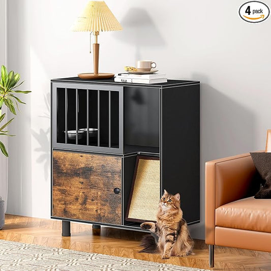 Dog Proof Cat Feeding Station, Cat Feeding Station, Pet Food Storage, Black | Raised Bowls for Indoor Cats, Elevated Food Bowls with Stand, Scratching Board, Stainless Steel Bowls