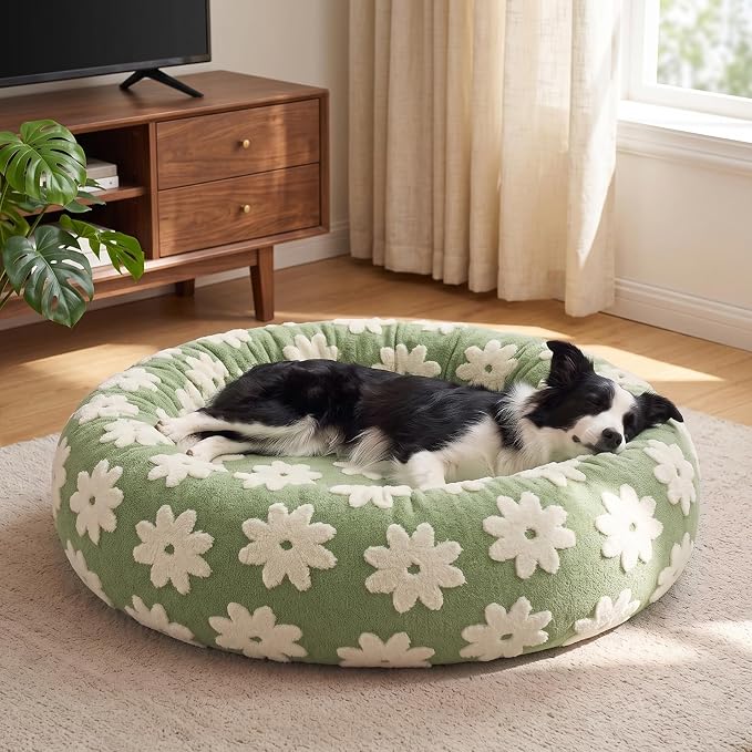 JOEJOY Jacquard Donut Round Dog Beds Large Sized Dog,Green 36x36x8in, Removable Washable Cover, Cute Pattern, Ultra Soft Fluffy Calming Pet Bed with Thick Supportive Bolster