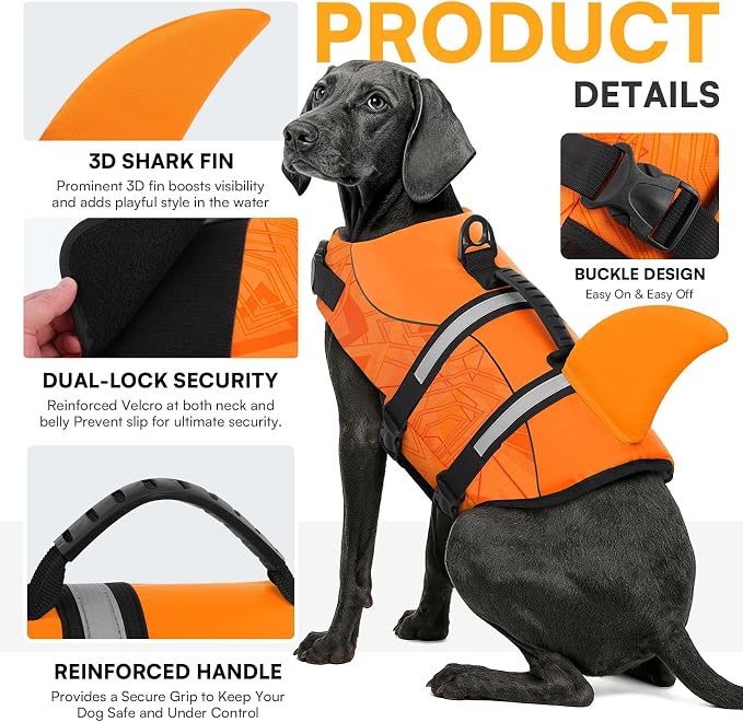 Dog Life Jacket High Flotation, Reflective Dog Life Vest for Swimming, Adjustable Dogs Life Preserver Rescue Handle Spring Summer Pool for Small, Medium, Large Dogs (OrangeLines,M)