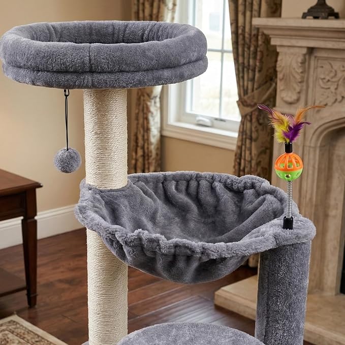 Multi-Level Cat Tree for Indoor Cats, Cat Tree Tower with Big Cat Hammock and Self-Grooming Brush, Cat Tower with Scratch Ladder, Indoor Climbing Activity Tower with Scratching Posts, Grey