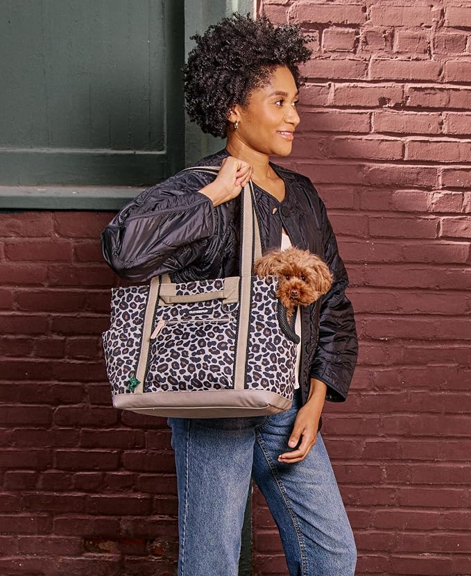 Transit Tote Dog Carrier for Small Dogs Under 8 lbs, 16x11x8 Soft-Sided 4-Pc Set with Waterproof Base, Plush Insert, Food Pouch, Mesh Head Opening - Small, Leopard