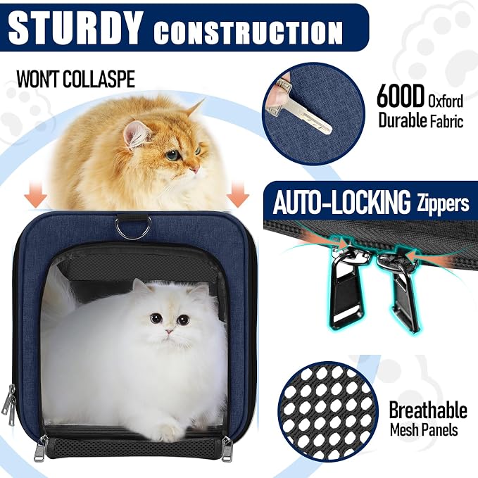 GAPZER Large Cat Carrier Soft, Collapsible Travel Pet Carry Bag, Small Dogs | Large Cats up to 20 lbs+ Maine Coon, Top Load Transport Small Puppy Dog Crate, Chihuahua Mini Dog 10lbs, Sturdy Fabric Navy