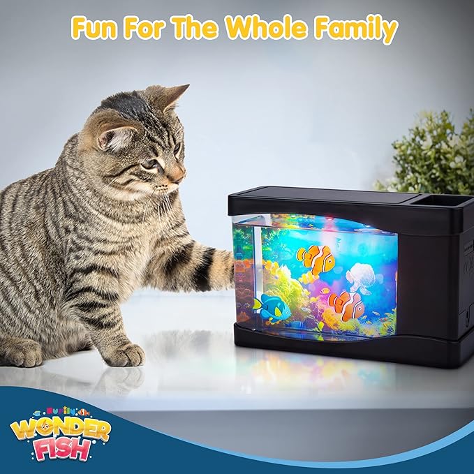 Artificial Fish Tank Virtual Ocean Toy in Motion Lamp - Mini Office Desk Aquarium 3 Colorful LED Lights, Moving Bubbles, Gift for Kids and Adults