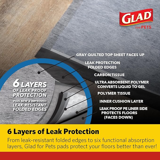 Glad for Pets XL Heavy Duty Activated Carbon Puppy Essentials Training Pads - Zero Odor, Ultra Absorbent Pads for Puppy Potty Training, Indoor Dog Potty, Pee Pads for Dogs, 24" x 24", 30 Count