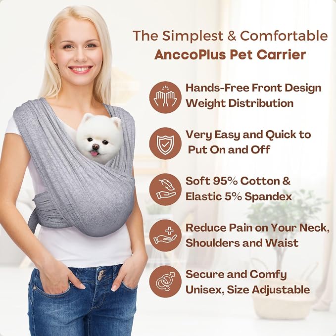 Small Dog Sling Carrier, Hands-Free, Heather Gray, Plus | Patented Front Carrier Reduces Back and Neck Strain; Adjustable, Soft Cotton, 3D Air Mesh for Puppies & Cats up to 20 lb