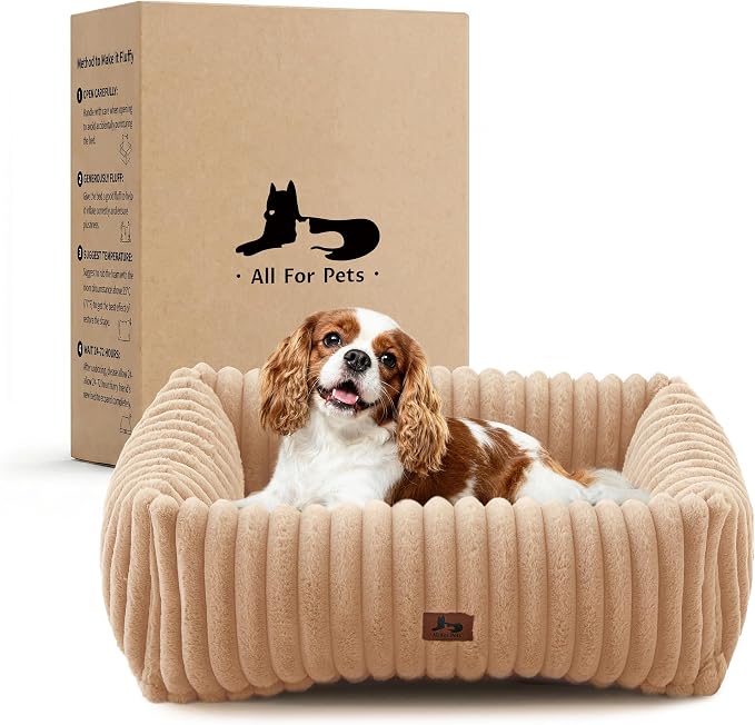 Washable Dog Bed Small Medium Size Dog, Rectangle Orthopedic Pet Bed for Car and Indoor,Fluffy Memory Foam Dog Beds with Anti-Slip Bottom,Camel(25x21x7inchs)