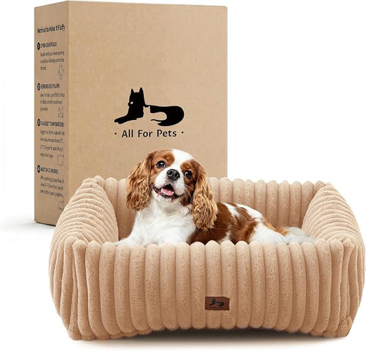 Washable Dog Bed Small Medium Size Dog, Rectangle Orthopedic Pet Bed for Car and Indoor,Fluffy Memory Foam Dog Beds with Anti-Slip Bottom,Camel(25x21x7inchs)