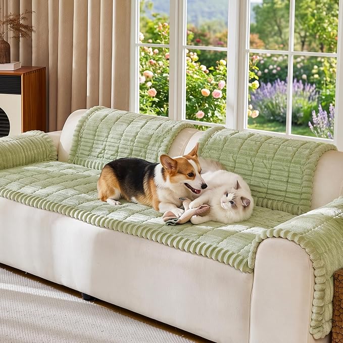 FUANGUI Waterproof Couch Cover Sofa Cover for Dogs and Pets Sofa Protector | Non-Slip Washable Fuzzy Soft Cat Sofa Slipcover for 2-3 Cushion Couch Sofa Pet Friendly, Grass Green, 27.6" x 82.7", 1 pcs