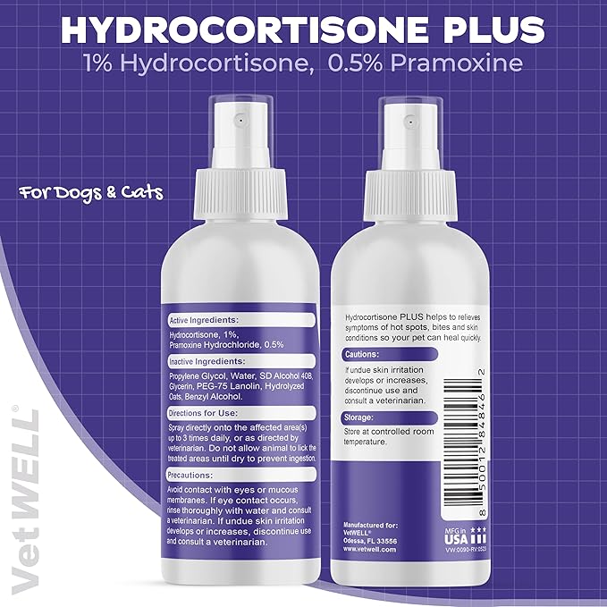 VetWELL Hydrocortisone Spray for Dogs & Cats - Itchy Skin Relief from Hot Spots, Bites, Scrapes, Irritated Skin, & Dermatitis - 4 oz Anti Itch Spray with Pramoxine