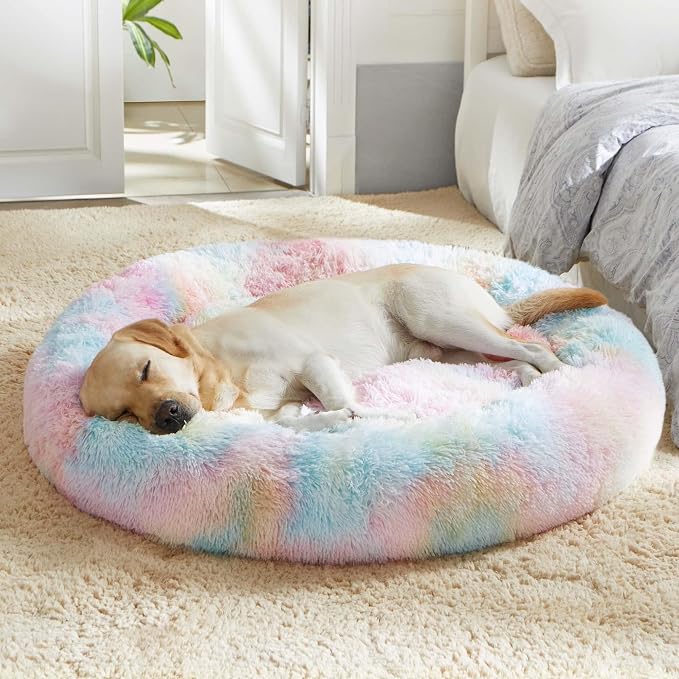 Western Home Calming Donut Large Dog Bed Pet Bed,36" Rainbow | Fluffy Faux Fur Round Cuddler,Anti-Anxiety,Anti-Slip Bottom,Plush Round Pet Dog Beds for Large Sized Dogs,Up to 80 LBS