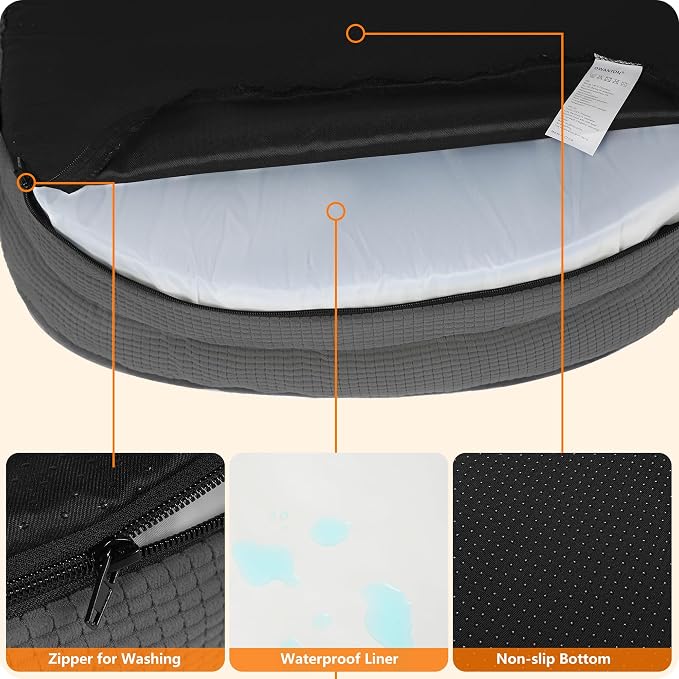 Dwanton Orthopedic Dog Bed for Medium Dogs with Gel Memory Foam, Waterproof Dog Sofa, Washable Pet Bed with Four Sided Bolster Cushion, Removable Cover & Non-Slip Bottom, 36", Plush-Dark Grey
